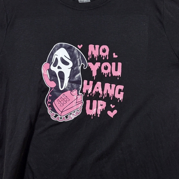 SHEIN Black Short Sleeve Tee with Pink Ghostface Phone "NO YOU HAND UP " Graphic - Picture 3 of 11
